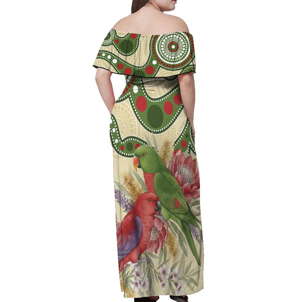 Australia Moluccan Eclectus Off Shoulder Maxi Dress Australian Native Flowers Indigenous Art - Aussie Hoodie