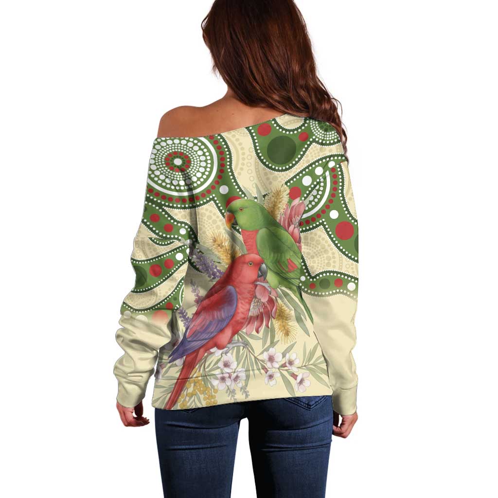 Australia Moluccan Eclectus Off Shoulder Sweater Australian Native Flowers Indigenous Art - Aussie Hoodie