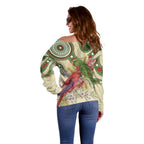 Australia Moluccan Eclectus Off Shoulder Sweater Australian Native Flowers Indigenous Art - Aussie Hoodie