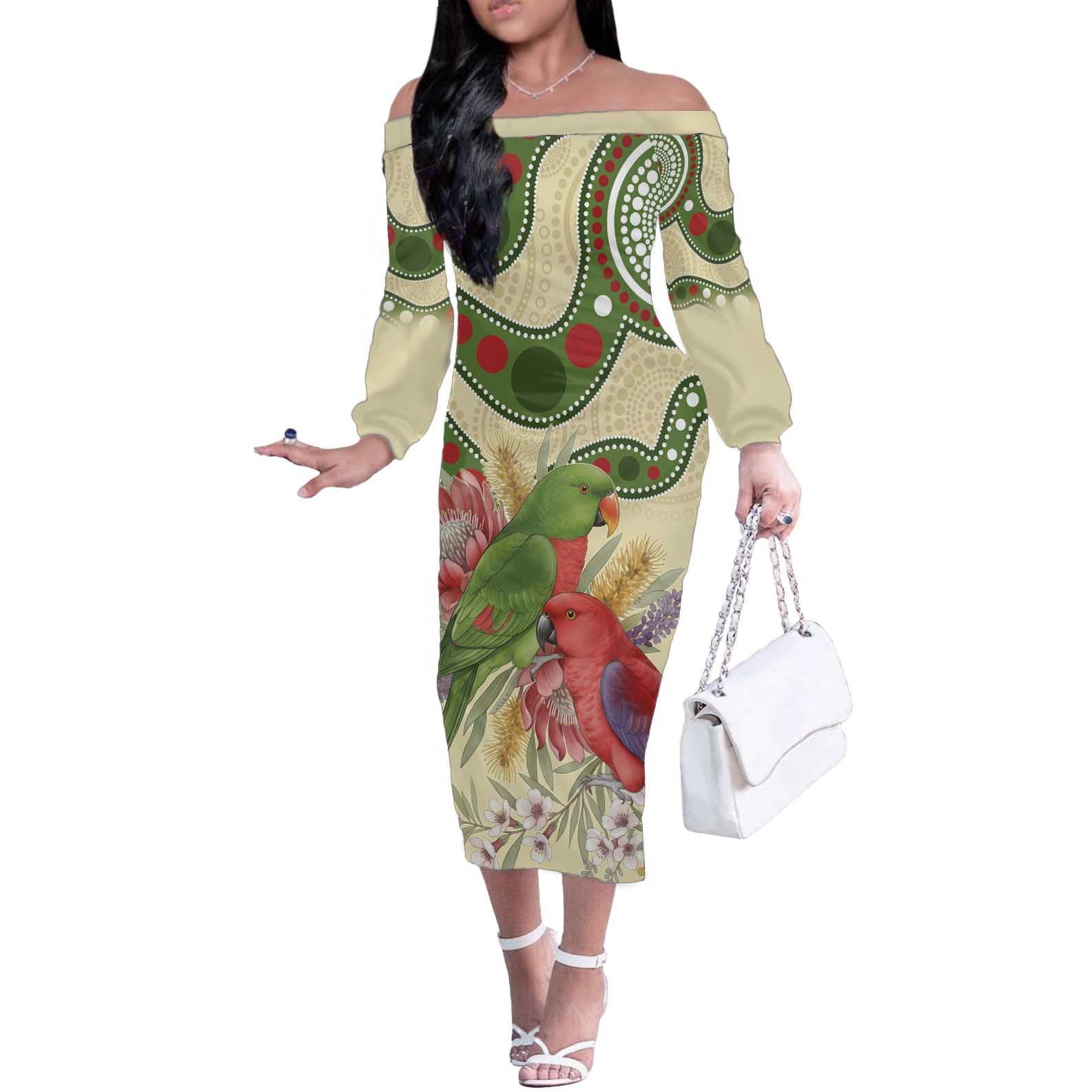 Australia Moluccan Eclectus Off The Shoulder Long Sleeve Dress Australian Native Flowers Indigenous Art - Aussie Hoodie
