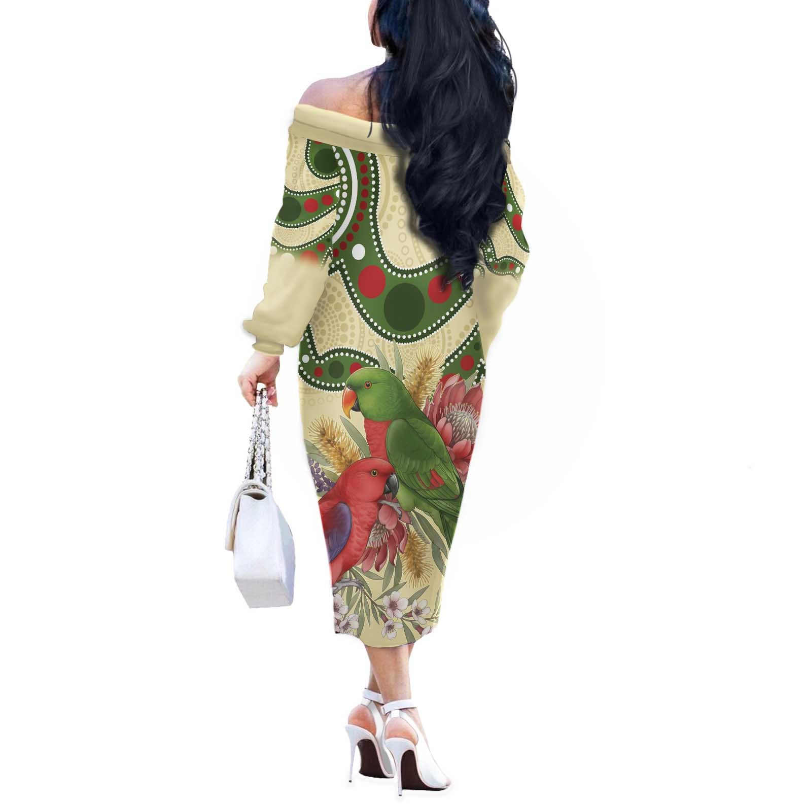 Australia Moluccan Eclectus Off The Shoulder Long Sleeve Dress Australian Native Flowers Indigenous Art - Aussie Hoodie