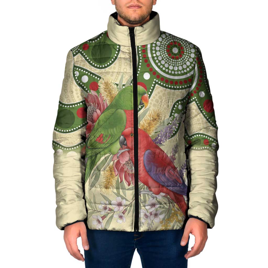 Australia Moluccan Eclectus Padded Jacket Australian Native Flowers Indigenous Art - Aussie Hoodie