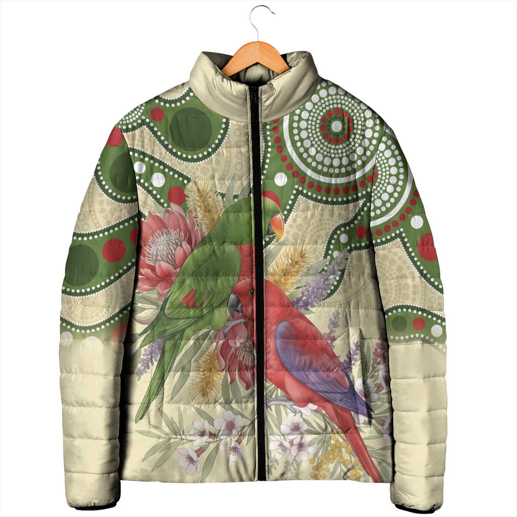 Australia Moluccan Eclectus Padded Jacket Australian Native Flowers Indigenous Art - Aussie Hoodie