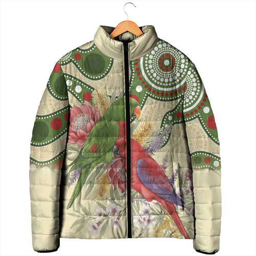 Australia Moluccan Eclectus Padded Jacket Australian Native Flowers Indigenous Art - Aussie Hoodie