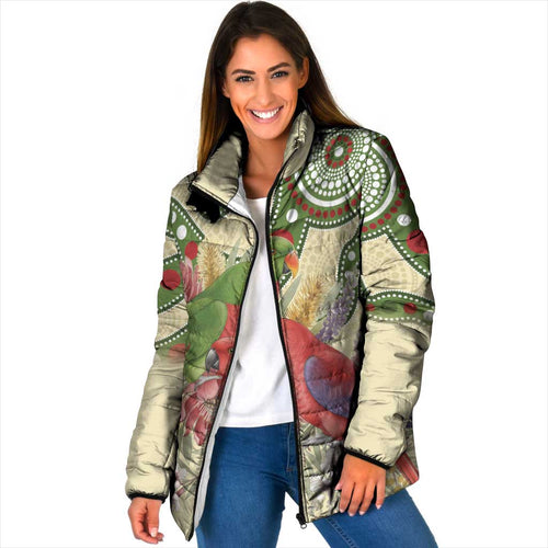 Australia Moluccan Eclectus Padded Jacket Australian Native Flowers Indigenous Art - Aussie Hoodie