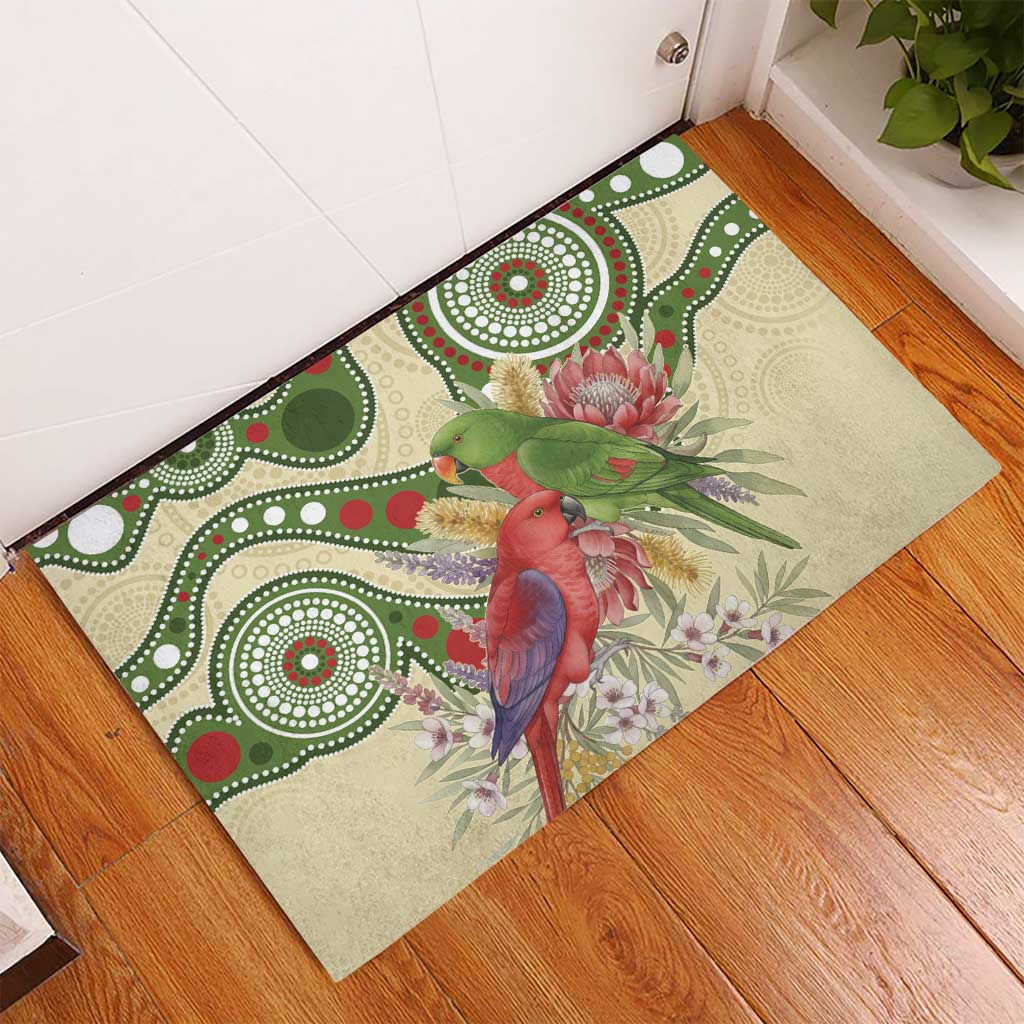 Australia Moluccan Eclectus Rubber Doormat Australian Native Flowers Indigenous Art - Aussie Hoodie