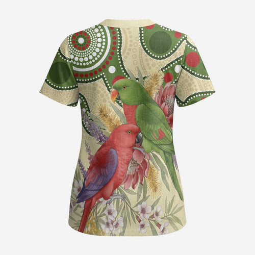 Australia Moluccan Eclectus Scrub Top Australian Native Flowers Indigenous Art - Aussie Hoodie