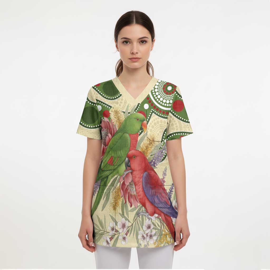 Australia Moluccan Eclectus Scrub Top Australian Native Flowers Indigenous Art - Aussie Hoodie
