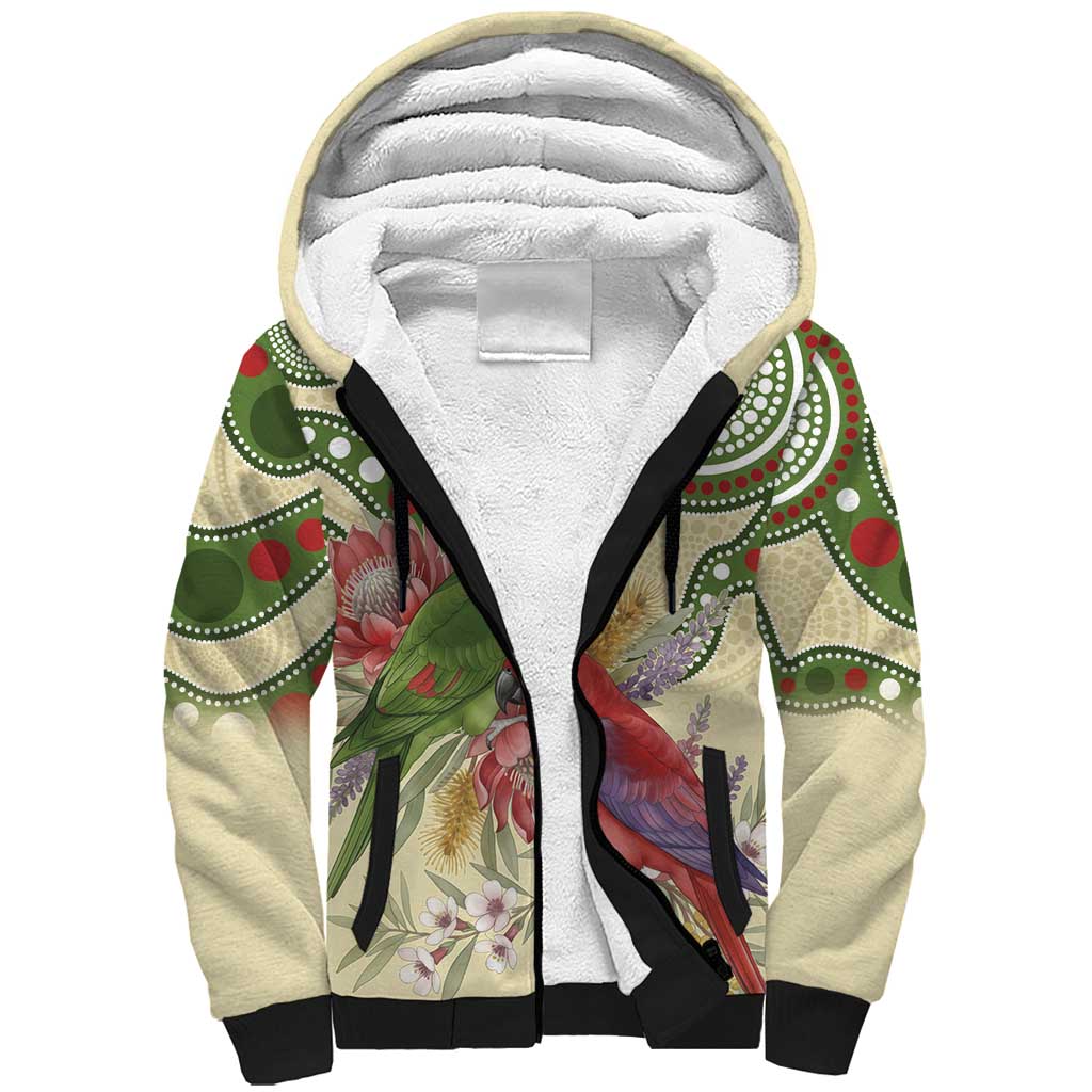 Australia Moluccan Eclectus Sherpa Hoodie Australian Native Flowers Indigenous Art - Aussie Hoodie