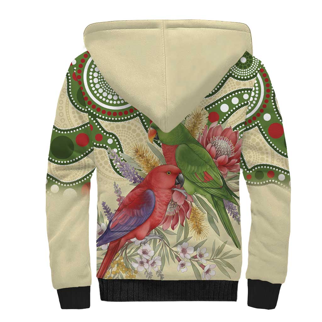 Australia Moluccan Eclectus Sherpa Hoodie Australian Native Flowers Indigenous Art - Aussie Hoodie
