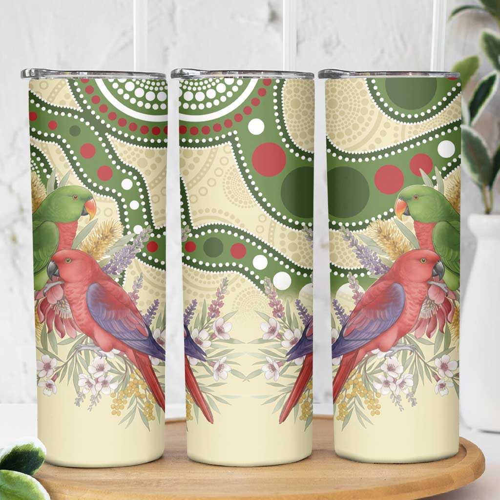 Australia Moluccan Eclectus Skinny Tumbler Australian Native Flowers Indigenous Art - Aussie Hoodie
