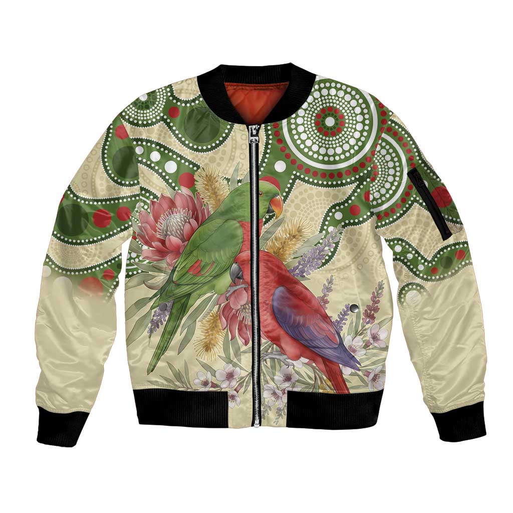 Australia Moluccan Eclectus Sleeve Zip Bomber Jacket Australian Native Flowers Indigenous Art - Aussie Hoodie
