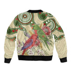 Australia Moluccan Eclectus Sleeve Zip Bomber Jacket Australian Native Flowers Indigenous Art - Aussie Hoodie