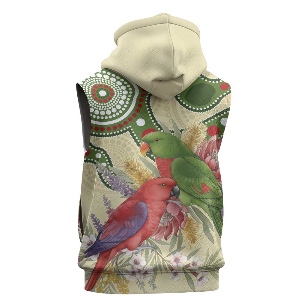 Australia Moluccan Eclectus Sleeveless Hoodie Australian Native Flowers Indigenous Art - Aussie Hoodie