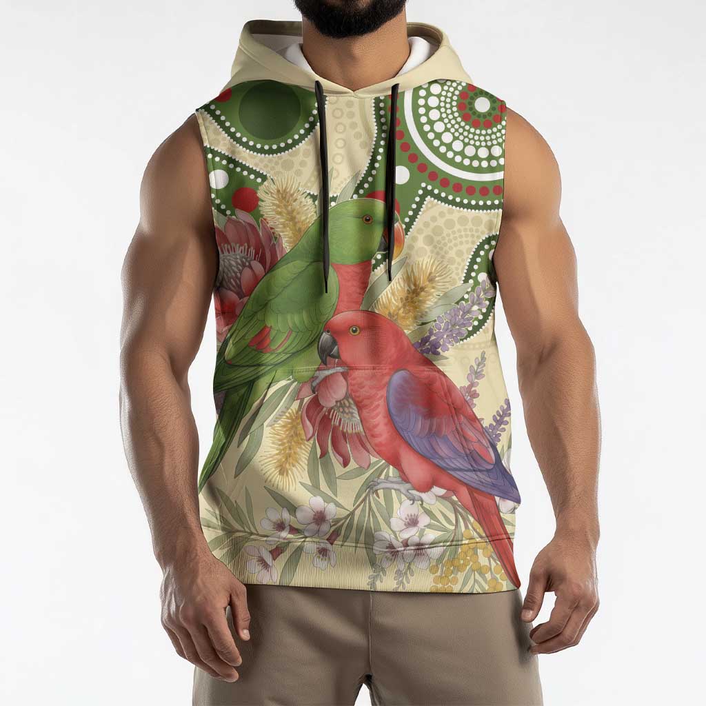 Australia Moluccan Eclectus Sleeveless Hoodie Australian Native Flowers Indigenous Art - Aussie Hoodie