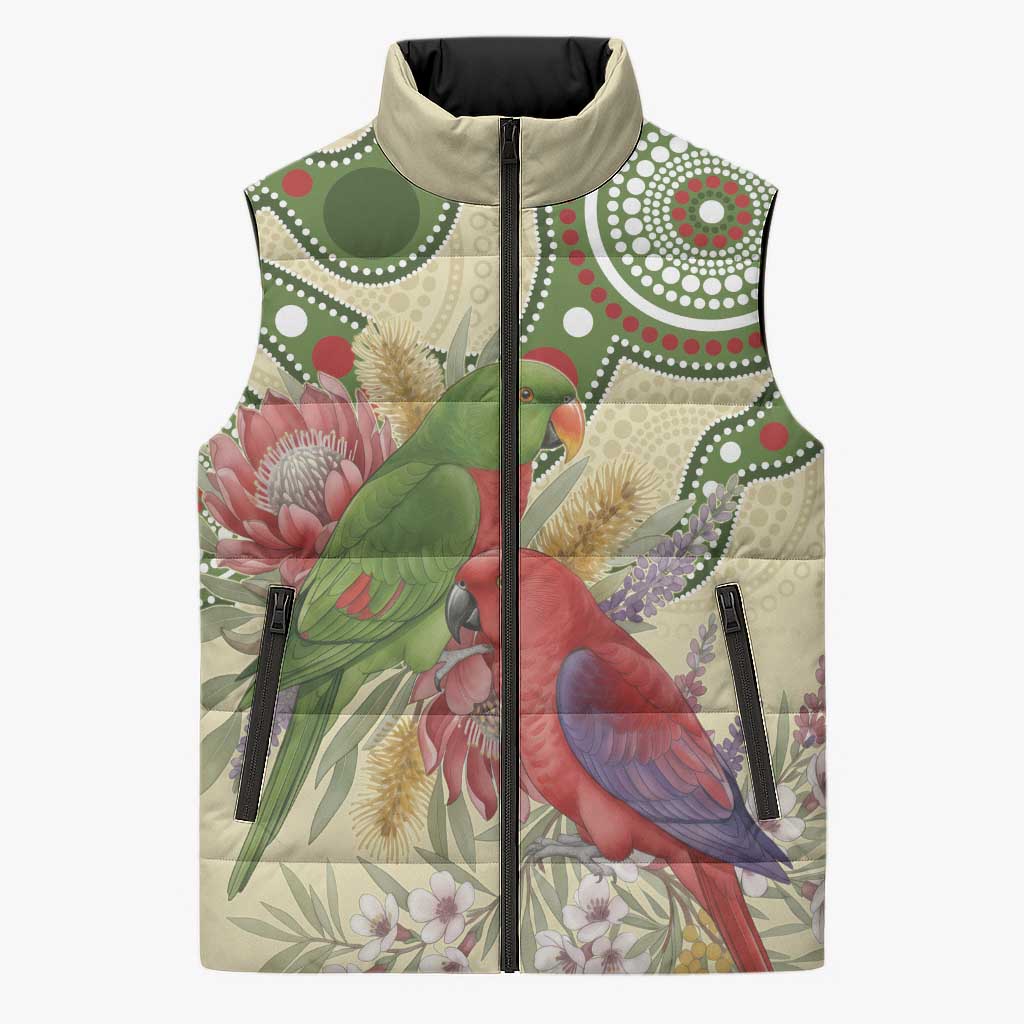 Australia Moluccan Eclectus Sleeveless Puffer Jacket Australian Native Flowers Indigenous Art - Aussie Hoodie