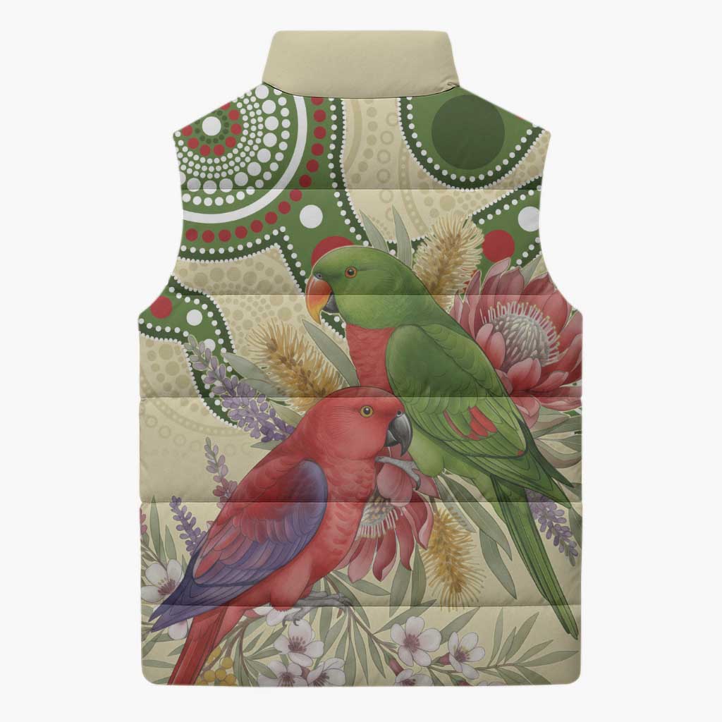 Australia Moluccan Eclectus Sleeveless Puffer Jacket Australian Native Flowers Indigenous Art - Aussie Hoodie