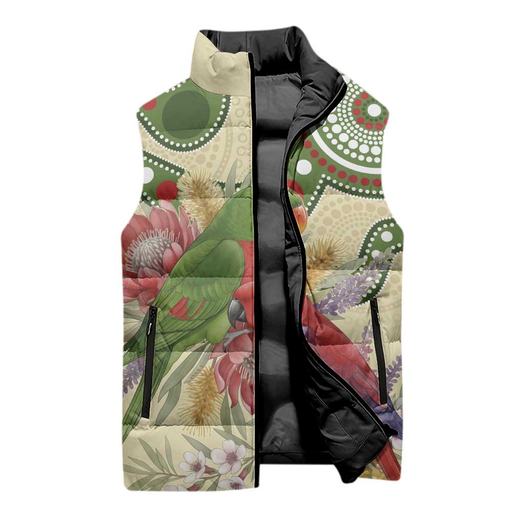 Australia Moluccan Eclectus Sleeveless Puffer Jacket Australian Native Flowers Indigenous Art - Aussie Hoodie