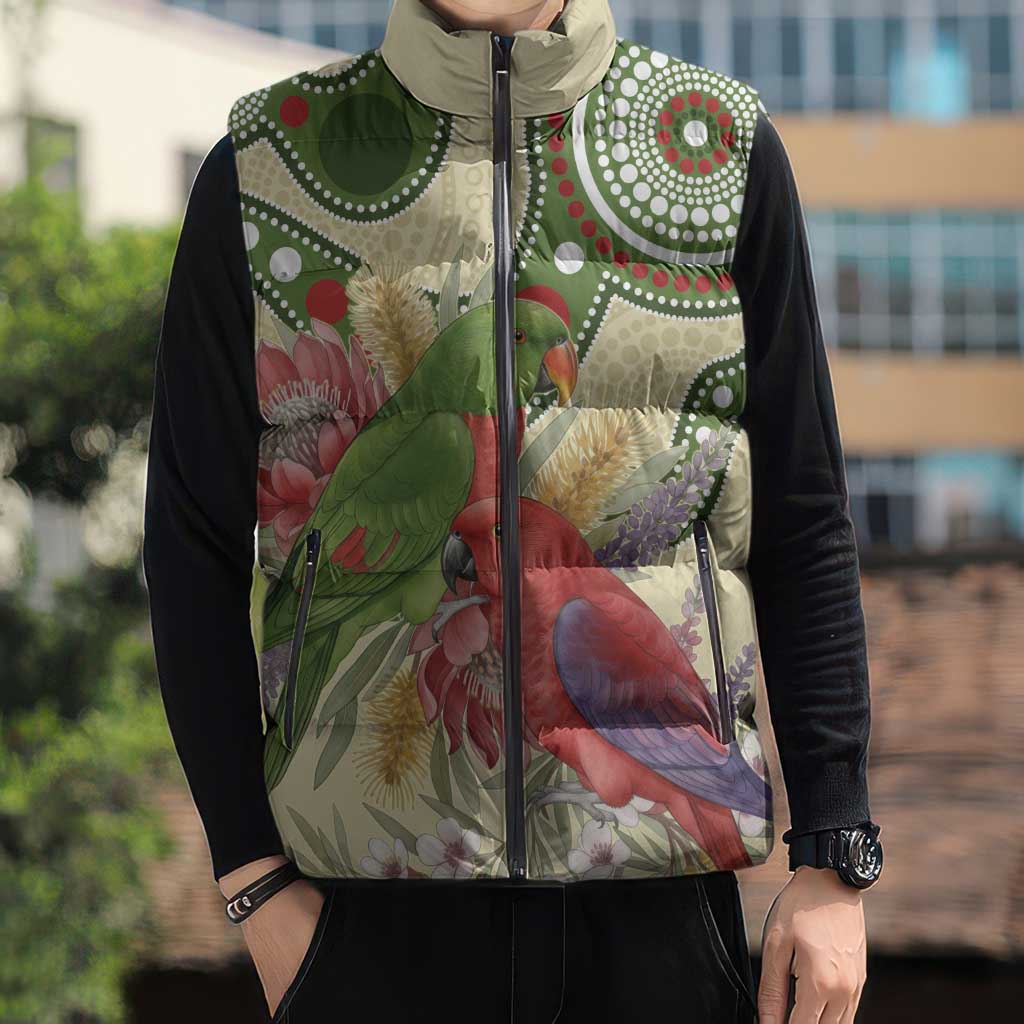 Australia Moluccan Eclectus Sleeveless Puffer Jacket Australian Native Flowers Indigenous Art - Aussie Hoodie