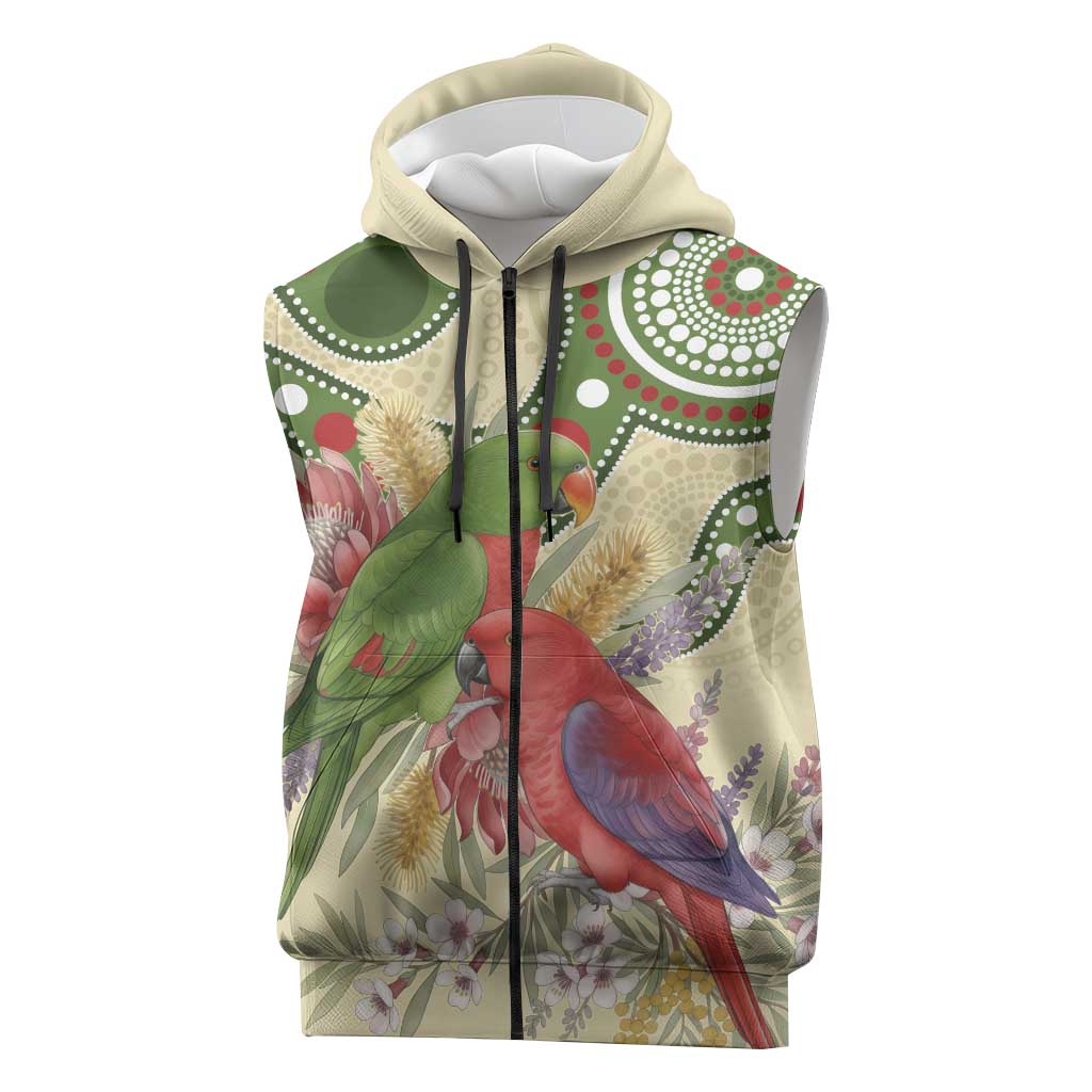 Australia Moluccan Eclectus Sleeveless Zip Hoodie Australian Native Flowers Indigenous Art - Aussie Hoodie