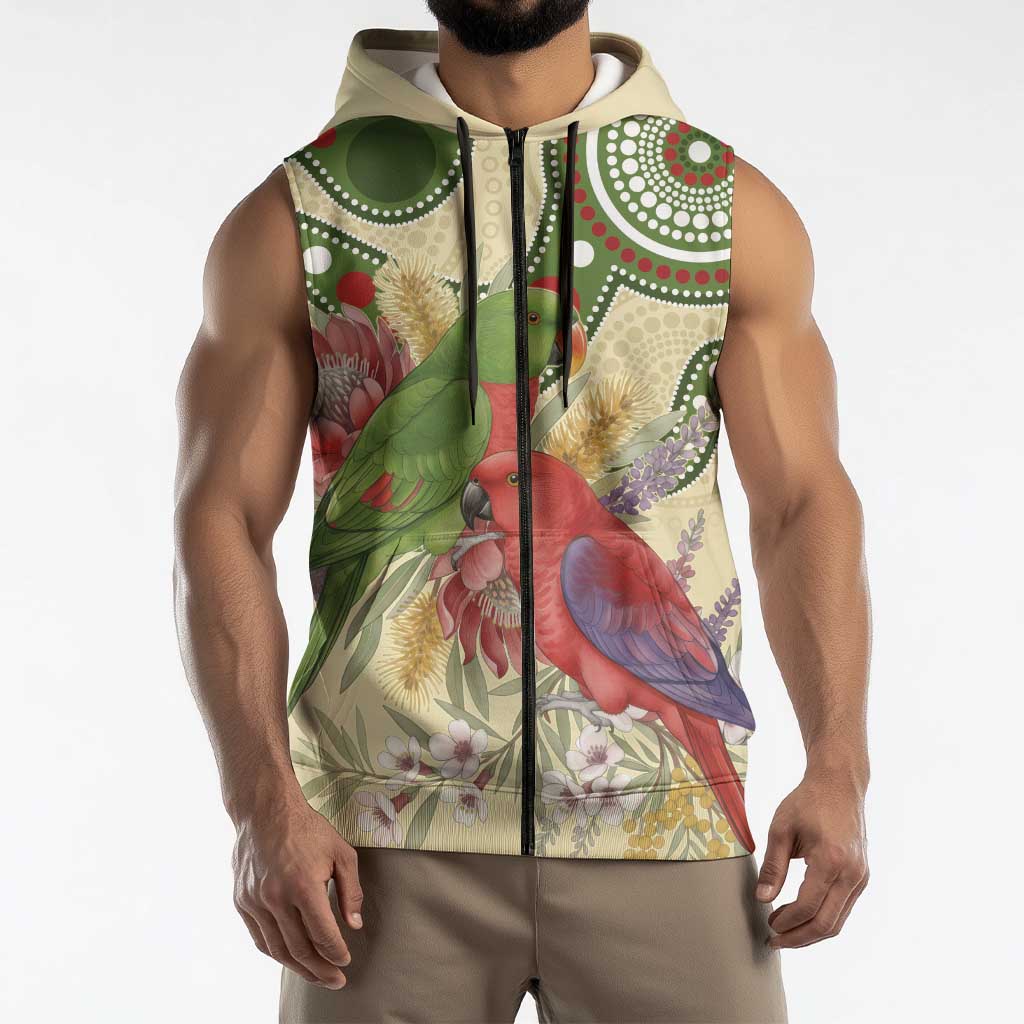 Australia Moluccan Eclectus Sleeveless Zip Hoodie Australian Native Flowers Indigenous Art - Aussie Hoodie