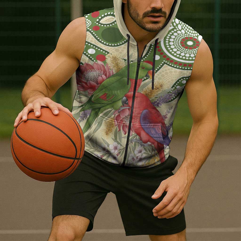 Australia Moluccan Eclectus Sleeveless Zip Hoodie Australian Native Flowers Indigenous Art - Aussie Hoodie