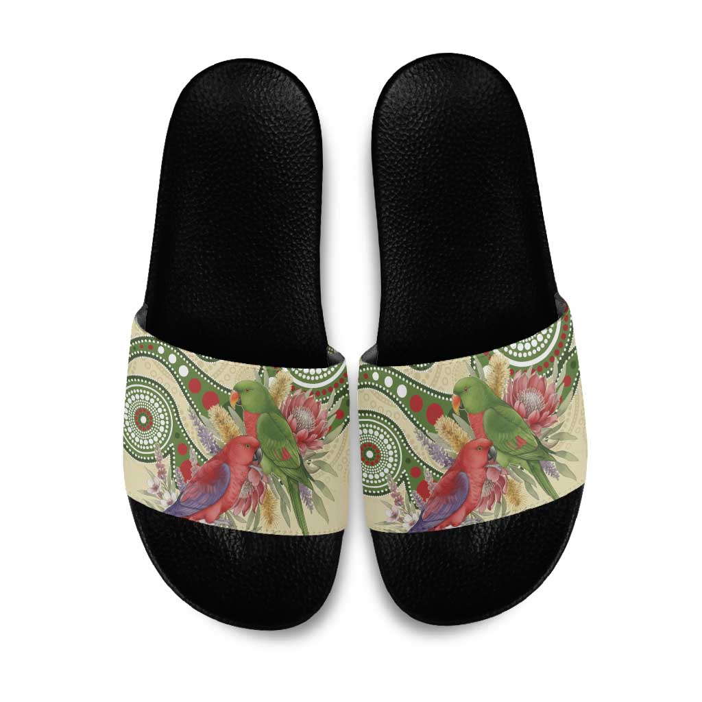 Australia Moluccan Eclectus Slide Sandals Australian Native Flowers Indigenous Art - Aussie Hoodie