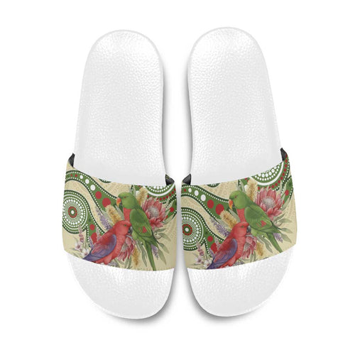Australia Moluccan Eclectus Slide Sandals Australian Native Flowers Indigenous Art - Aussie Hoodie