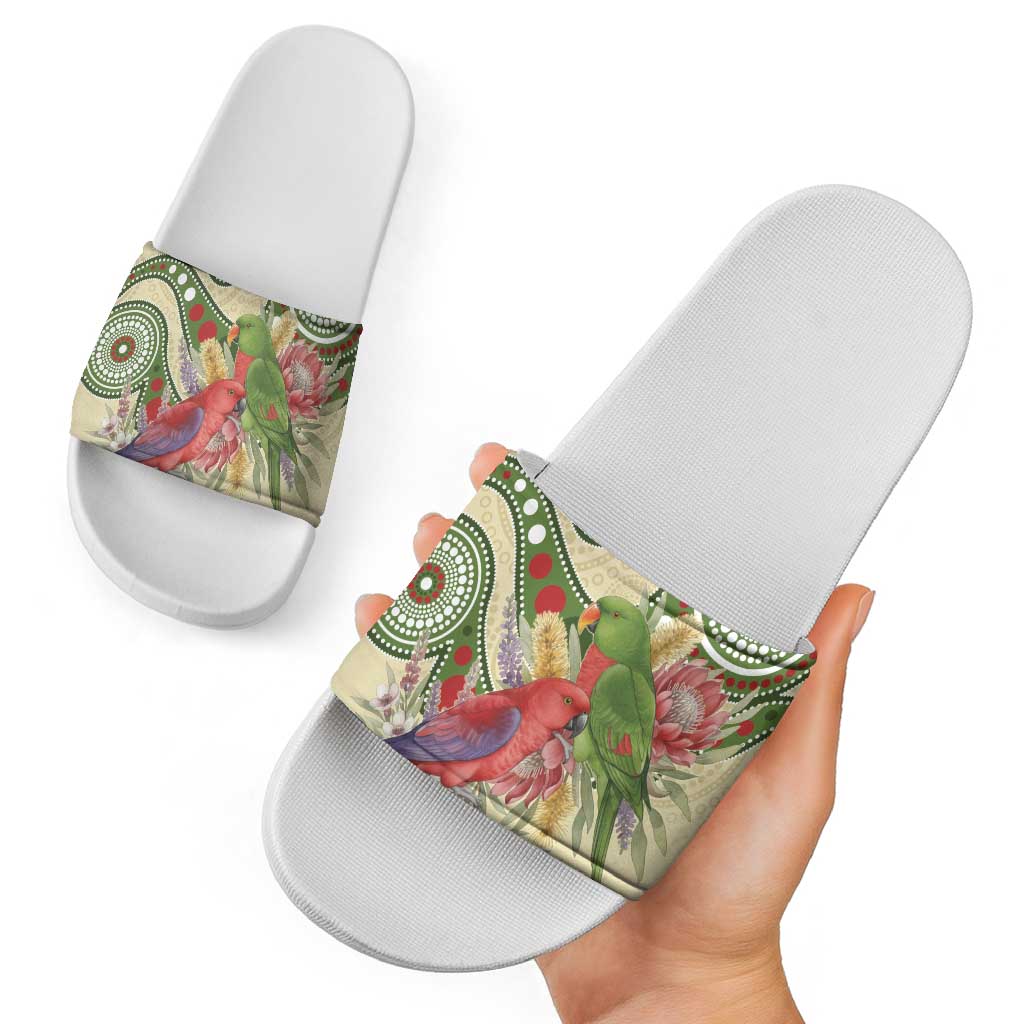 Australia Moluccan Eclectus Slide Sandals Australian Native Flowers Indigenous Art - Aussie Hoodie