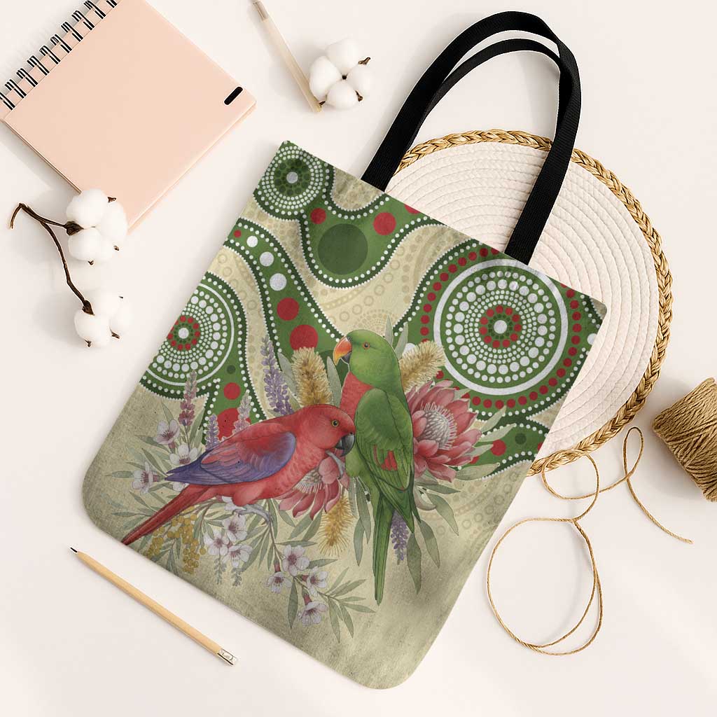 Australia Moluccan Eclectus Tote Bag Australian Native Flowers Indigenous Art - Aussie Hoodie