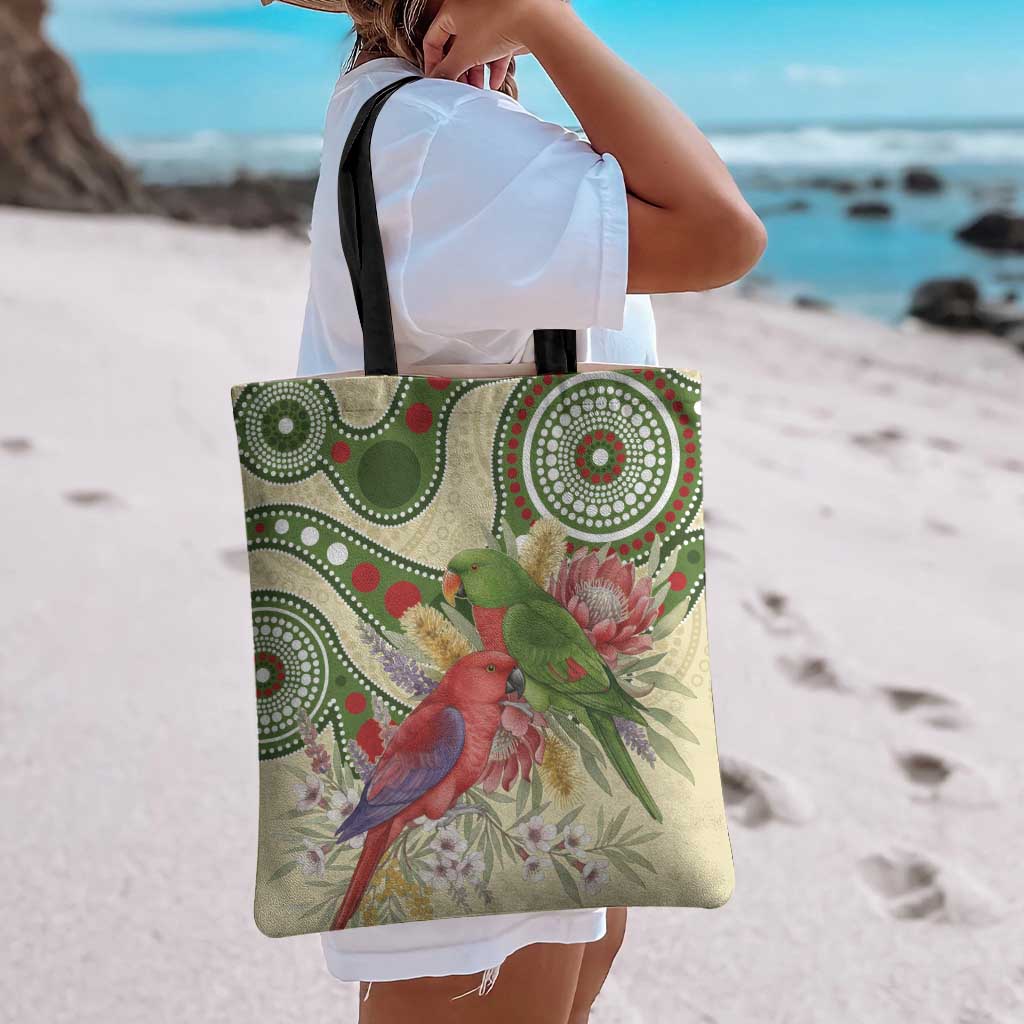 Australia Moluccan Eclectus Tote Bag Australian Native Flowers Indigenous Art - Aussie Hoodie
