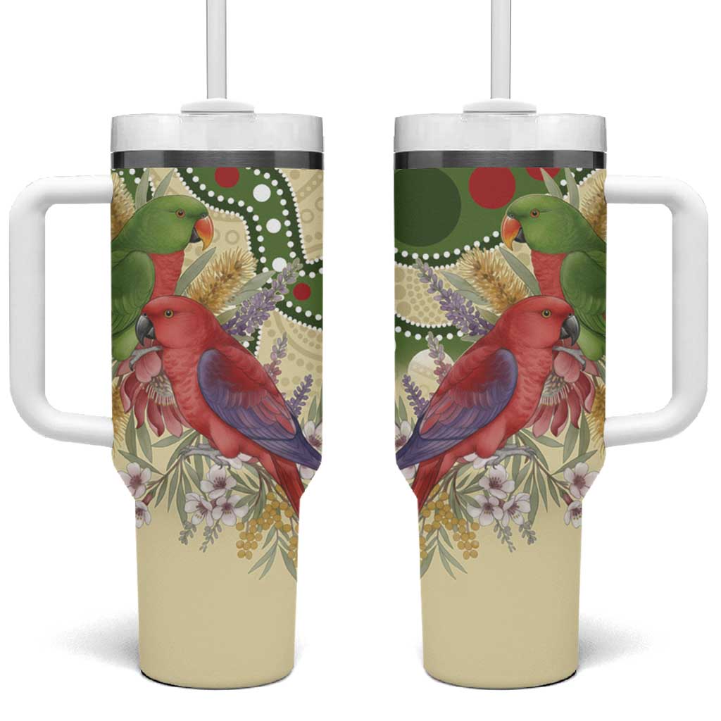Australia Moluccan Eclectus Tumbler With Handle Australian Native Flowers Indigenous Art - Aussie Hoodie