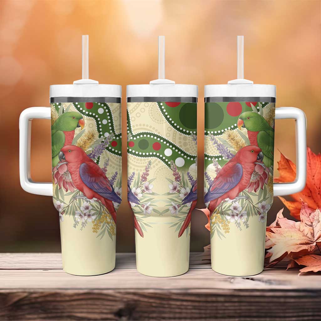 Australia Moluccan Eclectus Tumbler With Handle Australian Native Flowers Indigenous Art - Aussie Hoodie