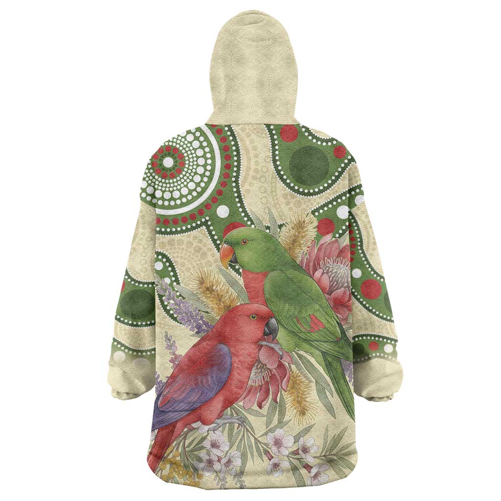 Australia Moluccan Eclectus Wearable Blanket Hoodie Australian Native Flowers Indigenous Art - Aussie Hoodie