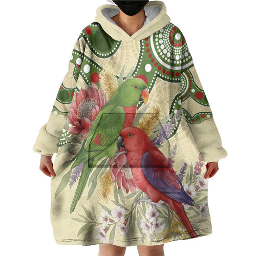 Australia Moluccan Eclectus Wearable Blanket Hoodie Australian Native Flowers Indigenous Art - Aussie Hoodie