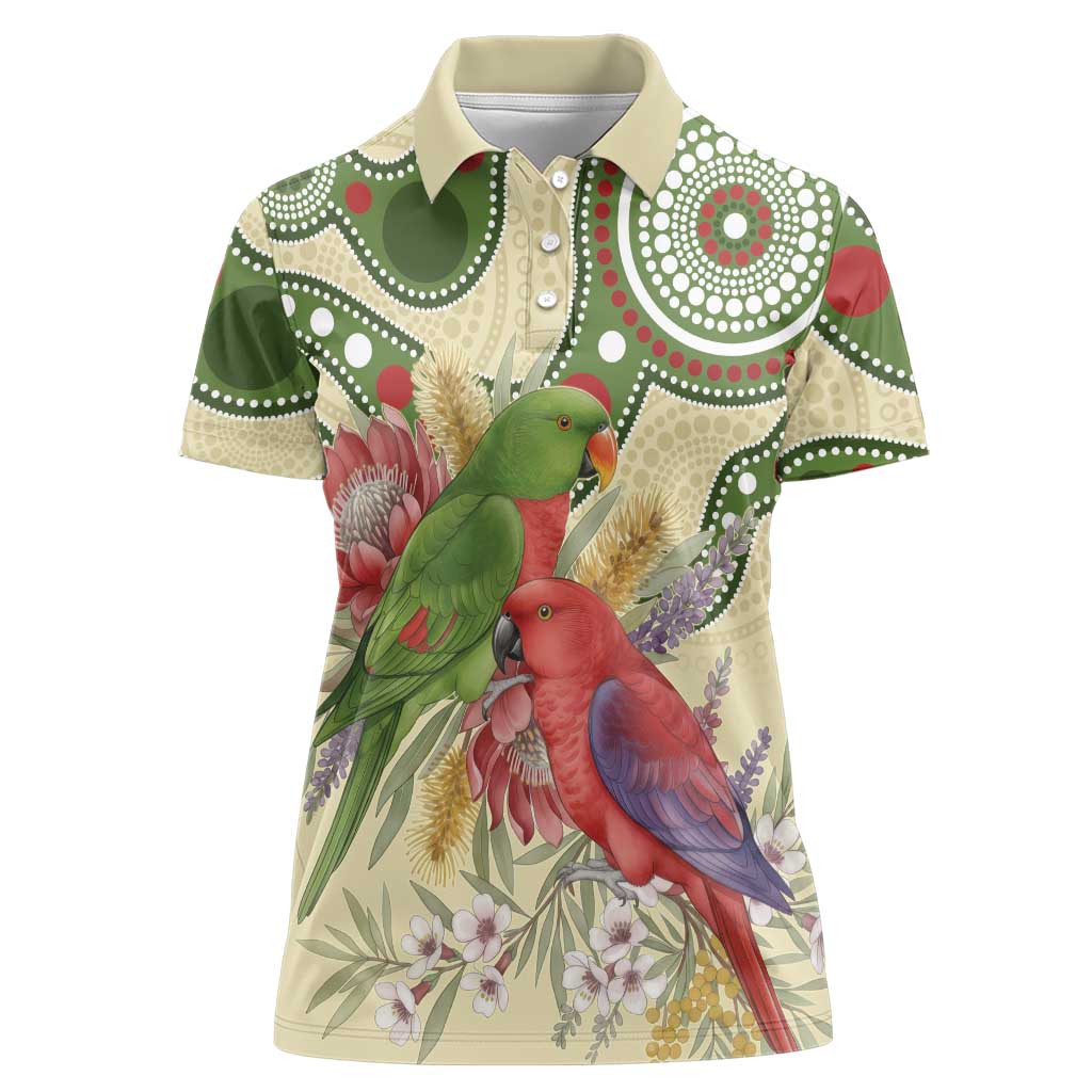 Australia Moluccan Eclectus Women Polo Shirt Australian Native Flowers Indigenous Art - Aussie Hoodie