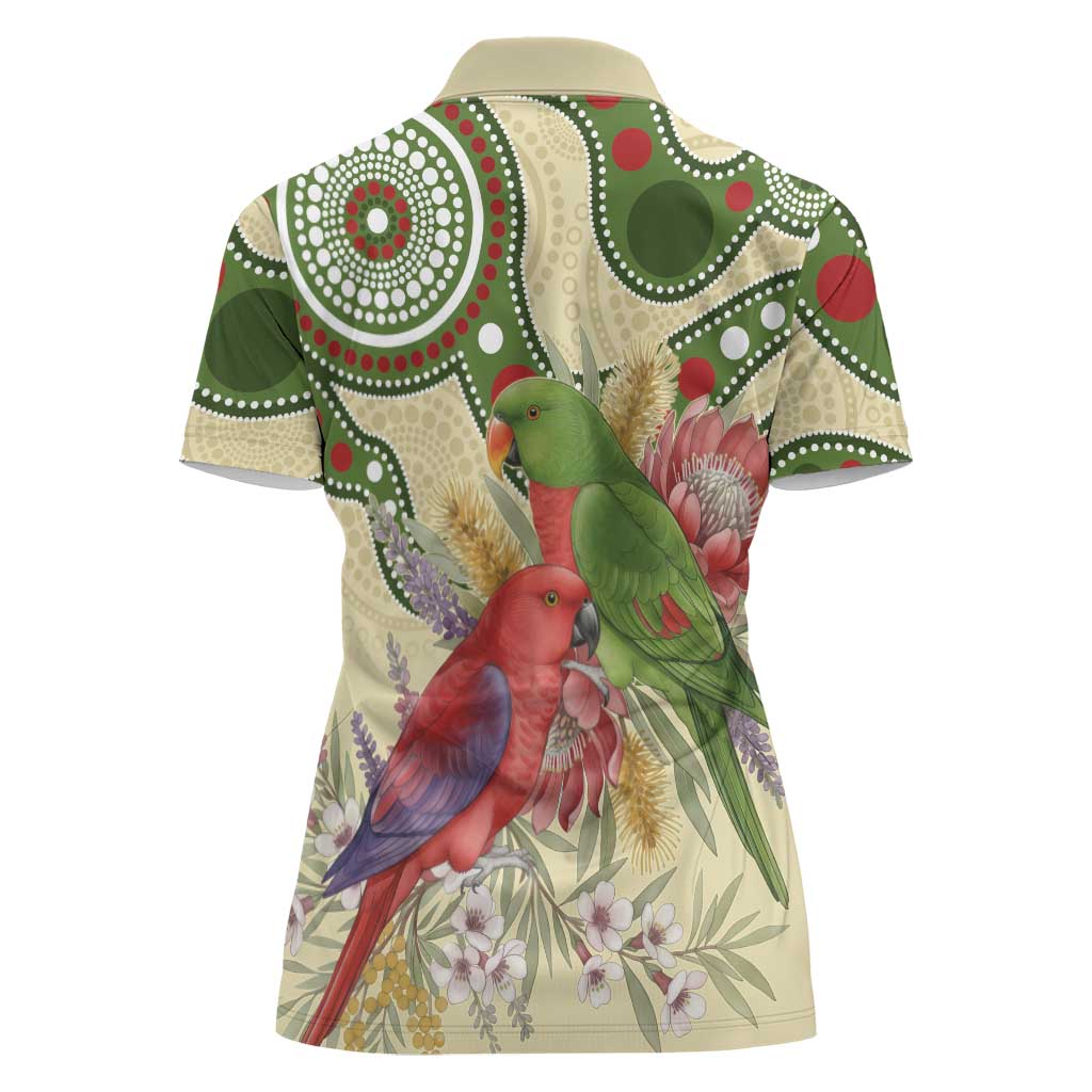 Australia Moluccan Eclectus Women Polo Shirt Australian Native Flowers Indigenous Art - Aussie Hoodie