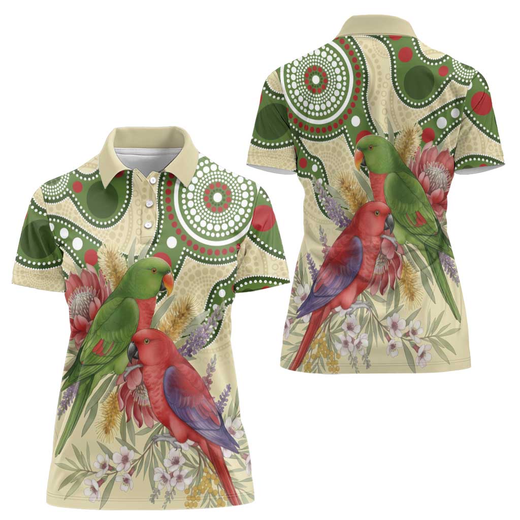 Australia Moluccan Eclectus Women Polo Shirt Australian Native Flowers Indigenous Art - Aussie Hoodie