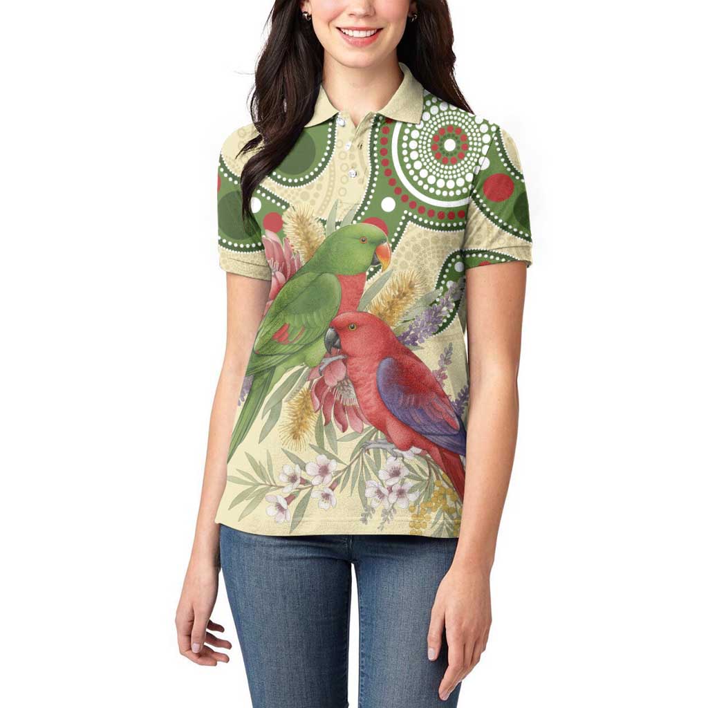 Australia Moluccan Eclectus Women Polo Shirt Australian Native Flowers Indigenous Art - Aussie Hoodie