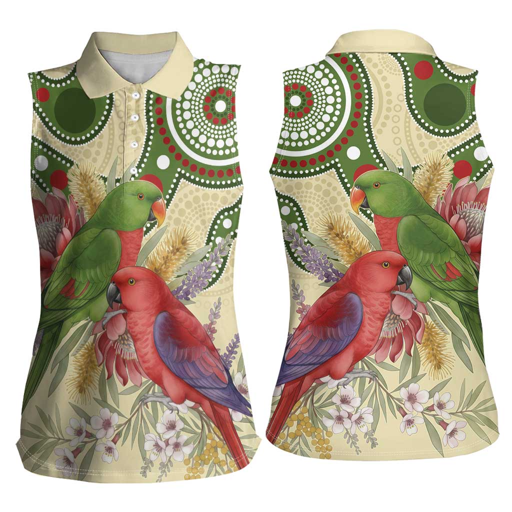 Australia Moluccan Eclectus Women Sleeveless Polo Shirt Australian Native Flowers Indigenous Art - Aussie Hoodie