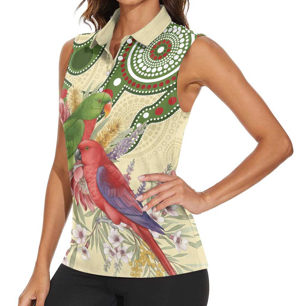 Australia Moluccan Eclectus Women Sleeveless Polo Shirt Australian Native Flowers Indigenous Art - Aussie Hoodie