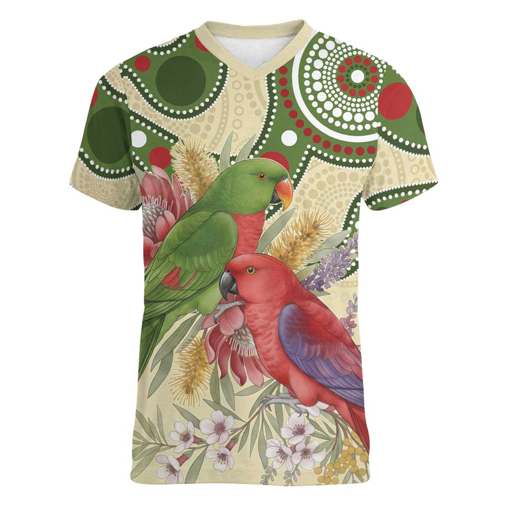 Australia Moluccan Eclectus Women V-Neck T-Shirt Australian Native Flowers Indigenous Art - Aussie Hoodie