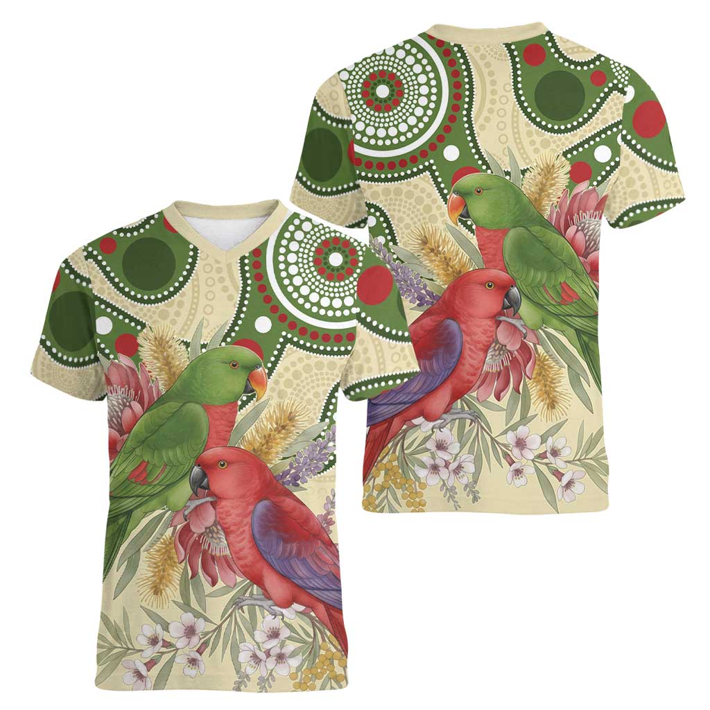 Australia Moluccan Eclectus Women V-Neck T-Shirt Australian Native Flowers Indigenous Art - Aussie Hoodie