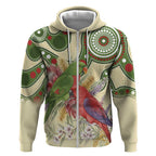 Australia Moluccan Eclectus Zip Hoodie Australian Native Flowers Indigenous Art - Aussie Hoodie