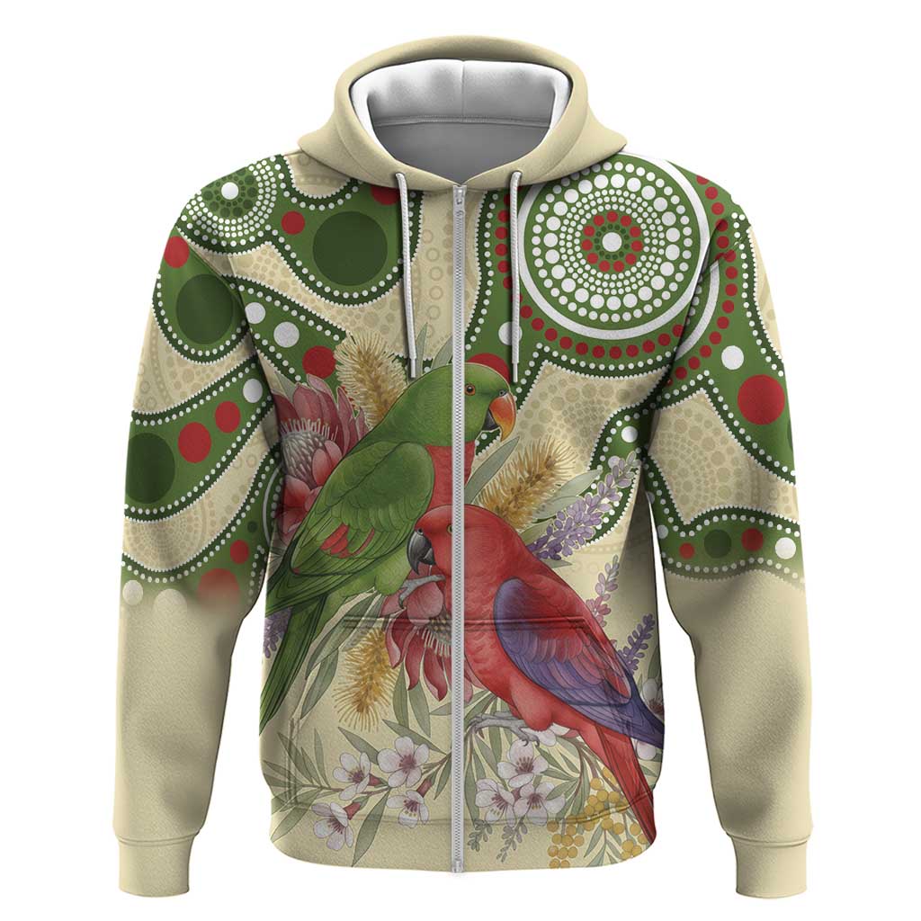 Australia Moluccan Eclectus Zip Hoodie Australian Native Flowers Indigenous Art - Aussie Hoodie