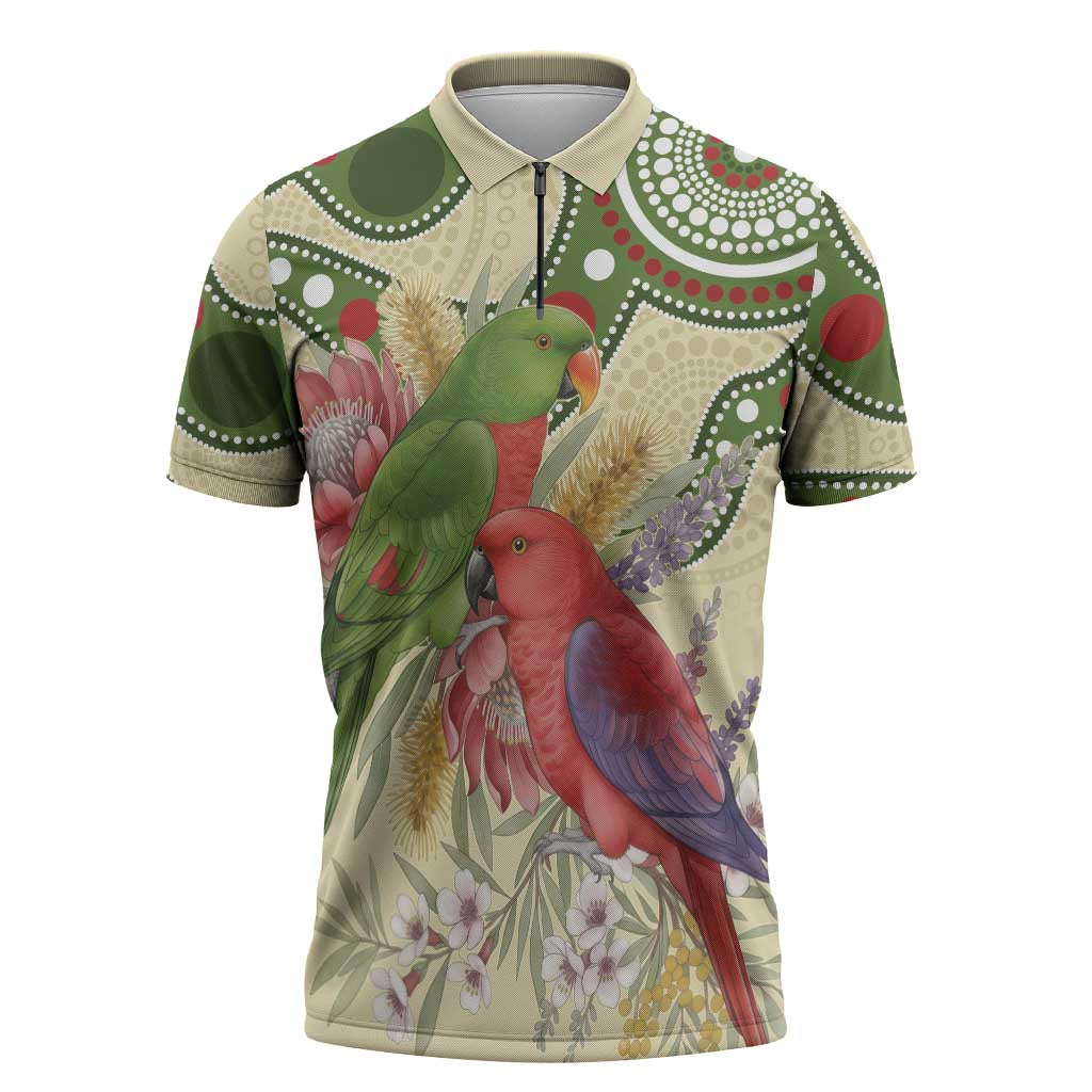 Australia Moluccan Eclectus Zipper Polo Shirt Australian Native Flowers Indigenous Art - Aussie Hoodie