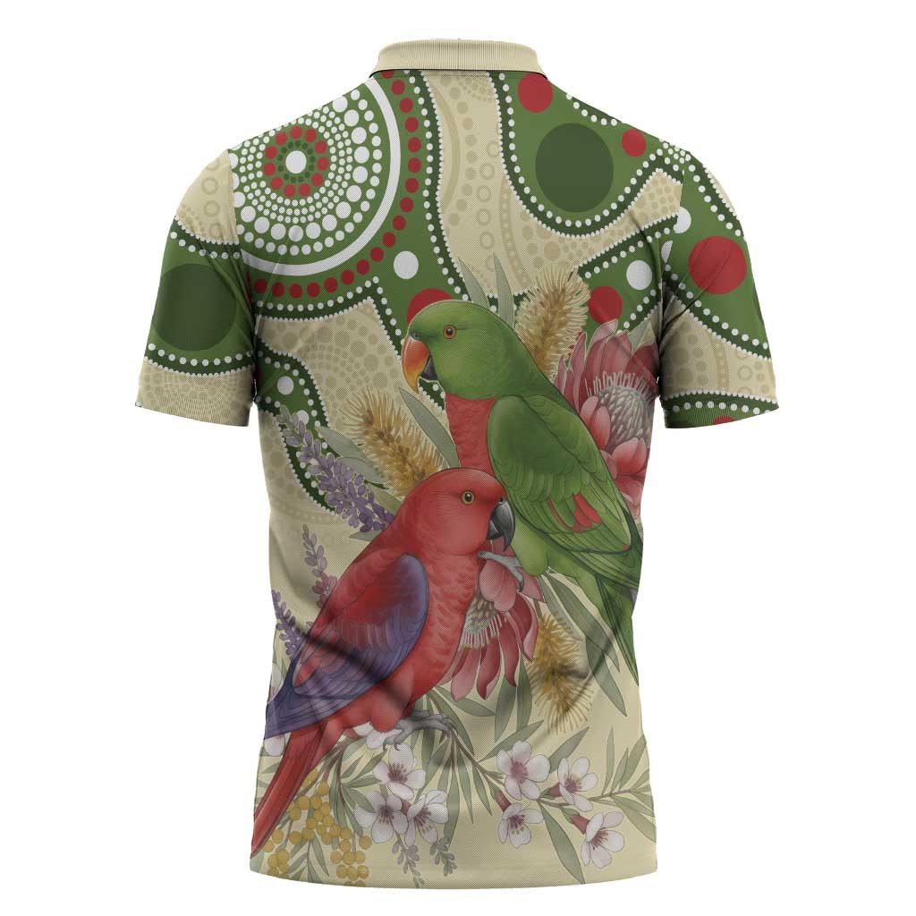 Australia Moluccan Eclectus Zipper Polo Shirt Australian Native Flowers Indigenous Art - Aussie Hoodie