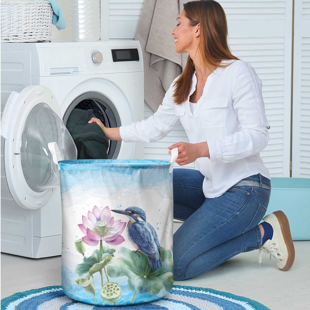 Australia Azure Kingfisher Laundry Basket Ceyx Azureus Sacred Lotus Watercolor - Aussie Hoodie