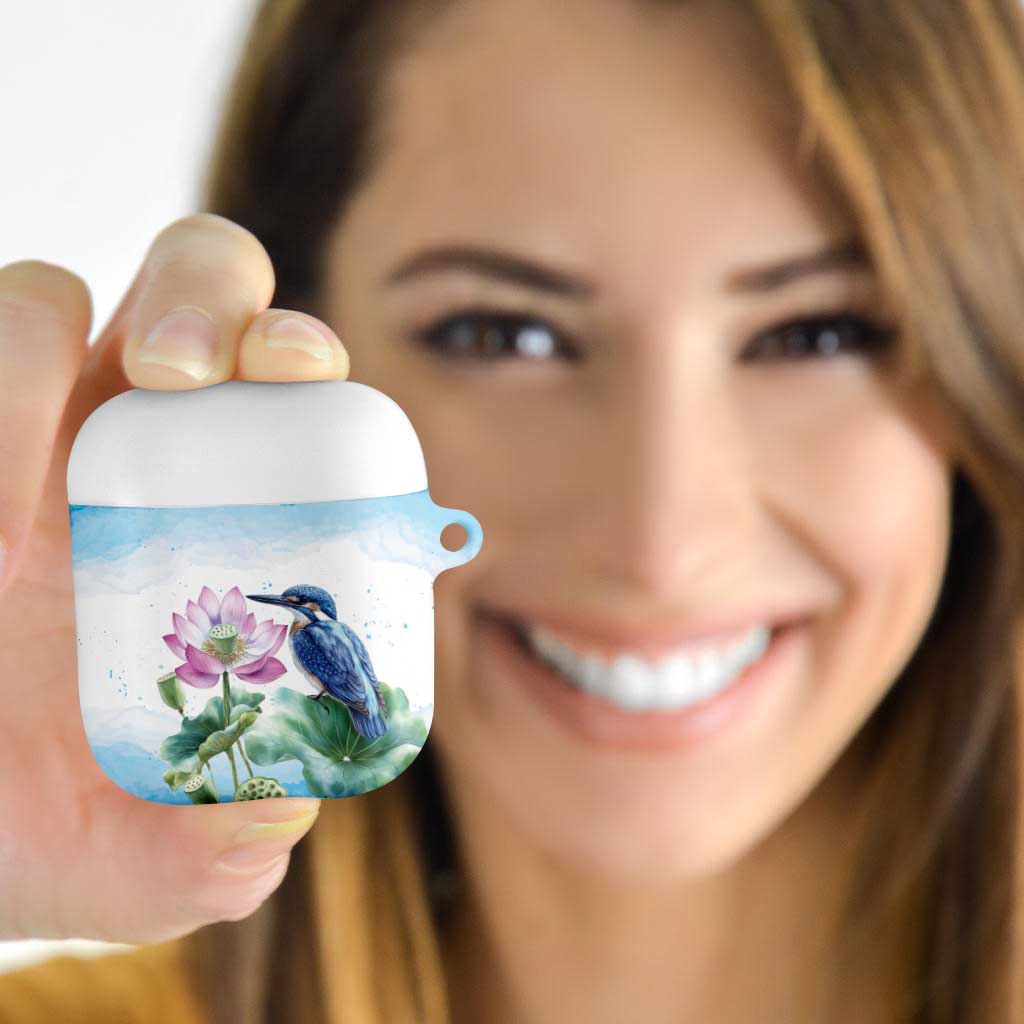 Australia Azure Kingfisher AirPods Case Ceyx Azureus Sacred Lotus Watercolor - Aussie Hoodie