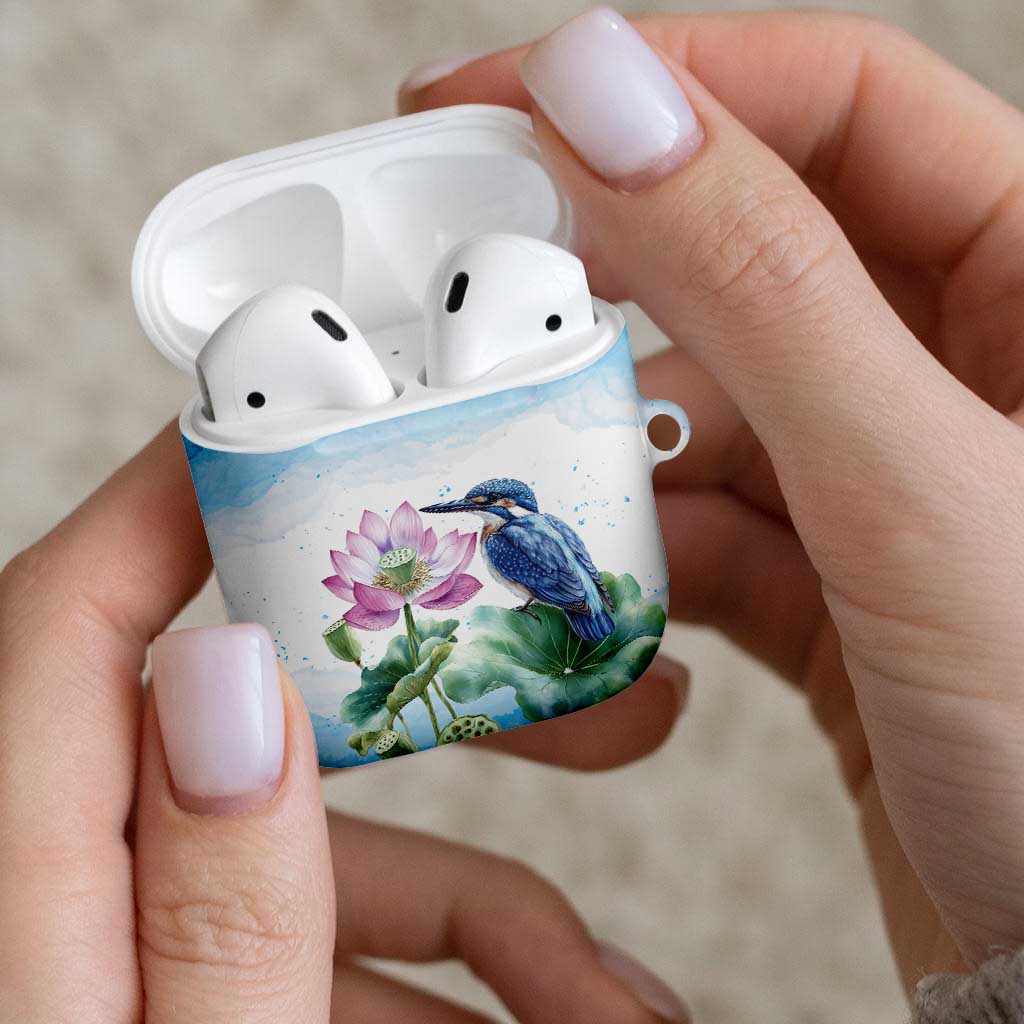 Australia Azure Kingfisher AirPods Case Ceyx Azureus Sacred Lotus Watercolor - Aussie Hoodie